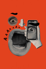 Wall Mural - Photo cartoon comics sketch collage picture of face parts screaming aaa modern device isolated orange color background