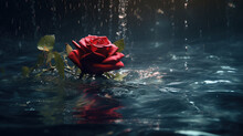 Red Rose In The Water With Drops Of Rain In The Background. 