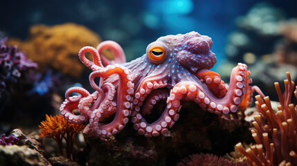 Sticker - Magnificent octopus among the underwater picturesque landscape with marine life.