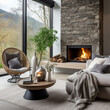 Cozy living room interior with fireplace and winter landscape. 3d render,Generative AI