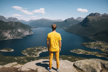 Wall Mural - rear view of Young man in yellow t-shirt staying at the cliff looking at the fjord like lake and mountain viewpoint during sunny day, aesthetic look