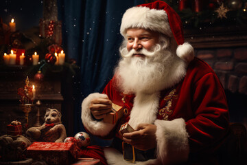 Wall Mural - Santa Claus, in his traditional red suit and white beard, places gifts under the beautifully decorated Christmas tree while the soft glow of holiday lights fills the room.