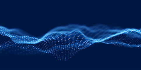 Wave of blue particles. Abstract technology flow background. Sound mesh pattern or grid landscape. Digital data structure consist dot elements. Future vector illustration.
