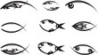 Black-white fish icons for emblems or tattoos. Simple fish symbols for logos, business concepts, prints on T-shirts, embroidery, textiles, restaurant menu, fabrics, stikers, fashion trends, etc. 