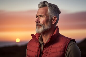 Wall Mural - Portrait of a glad man in his 50s dressed in a water-resistant gilet against a vibrant sunset horizon. AI Generation