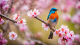 Fototapeta Mapy - Little spring bird on a branch of a blossoming tree, blooming pink flowers, songbird in springtime