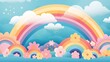 Vintage, funky background featuring clouds. flowers and rainbows with waves. Vibrant hues and a charming, retro vector design with abstract forms