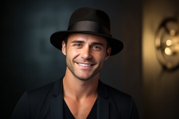 Canvas Print - Portrait of a smiling man in his 30s donning a classic fedora against a modern minimalist interior. AI Generation