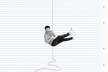 Composite Photo Collage Illustration Of Excited Funky Overjoyed Nerd Guy Holding Hang Rope Inside Book Lines Paper Page On Background