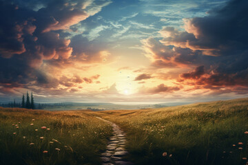 Wall Mural - Road to the sky and meadow, aesthetic look