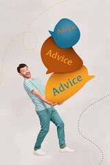 Poster - Magazine picture collage of funky cheerful guy carry internet sms message advice quotation isolated on drawing 3d background