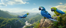 A Hyper Realistic Blue Parrot And A Bright Green Parrot