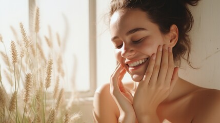 Wall Mural - Beautiful woman applying moisturizer cream on her face. Photo of smiling woman with perfect makeup on bathroom background. Beauty concept. Panoramic photo with copy space 