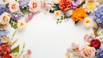  Composition of flowers. Frame pattern made from different dried flowers and leaves on white background. Flat lay, top view, copy space.