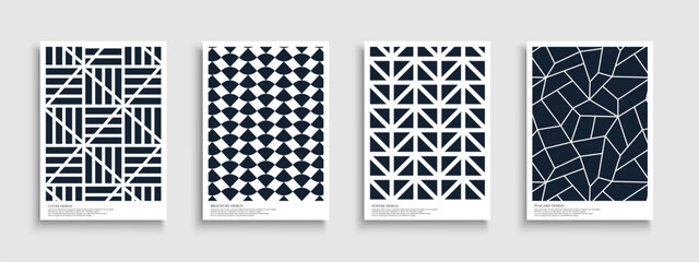 Wall Mural - Set of abstract geometric covers, templates, placards, brochures, banners, backgrounds and etc. Creative textured modern posters, cards, catalogs. Beautiful dark blue graphic prints on white