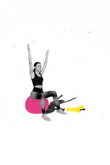 Wall Mural - Creative poster collage of active young female sit pilates fitness ball aerobic training lifestyle sportive fantasy billboard comics zine