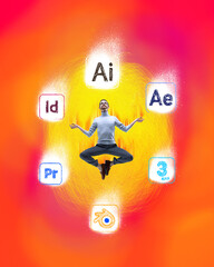 Young man in relaxing yoga pose, professional designer generating ideas for illustrations against colorful background. Contemporary art. Concept of design, freelance job, inspiration and creativity