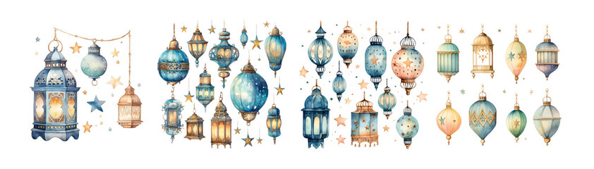 Canvas Print - Watercolor ramadan decoration ornament set. Hand draw isolated on transparent background.