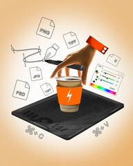 Female hand, designer working with digital pen and graphic tablet, drinking coffee and creating artworks. Contemporary art collage. Concept of business, design, freelance job, inspiration, creativity