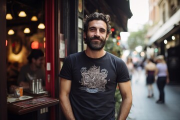 Poster - portrait of a glad man in his 30s sporting a vintage band t-shirt against a bustling city cafe. ai g