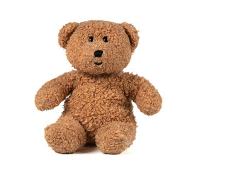 toy fluffy vintage bear on a white background. brown teddy bear isolated.