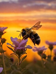 Wall Mural - As the sun sets over the horizon, a lone bumblebee (close-up) takes flight, its delicate body illuminated by the warm glow of the sky, on a mission to pollinate the last remaining flowers of the day.