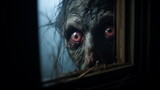 Fototapeta  - Evil dead monster looking through window, horror in eyes. Scary monster is trying to get into house