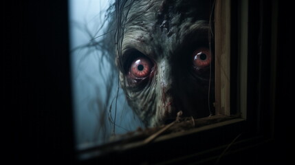 Fototapeta evil dead monster looking through window, horror in eyes. scary monster is trying to get into house