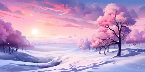 Canvas Print - Winter Wonderland  Serene Snowscape Paints Park in Morning Glow, Generative AI