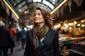 Poster - Portrait of a blissful woman in her 40s dressed in a stylish blazer against a bustling urban market. AI Generation