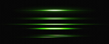 Vector Illustration In Green Color. Set Of Lighting Effects. Glare And Flashes. Bright Rays Of Light. Glowing Lines. Vector Illustration. Dust.Neon