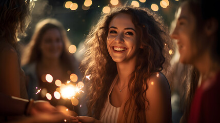 Group of girls friends having fun for celebration and holding a burn sparkler lights