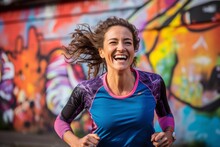 Portrait Of A Joyful Woman In Her 30s Sporting A Breathable Mesh Jersey Against A Vibrant Graffiti Wall. AI Generation