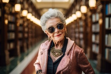 Wall Mural - Portrait of a smiling elderly woman in her 90s wearing a trendy sunglasses against a classic library interior. AI Generation