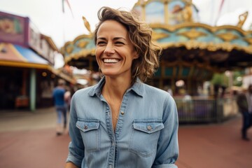 Wall Mural - Portrait of a smiling woman in her 40s sporting a versatile denim shirt against a vibrant amusement park. AI Generation