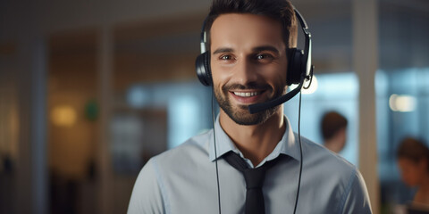 a man with a headset takes a call in a call center