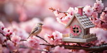 A Beautiful Birdhouse On A Branch With Blooming Pink Flowers And A Flying Bird