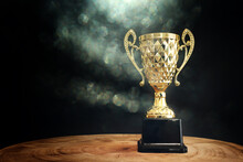 Image Of Trophy Over Wooden Table And Dark Background, With Abstract Shiny Lights