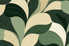 Green Leaves Background. Luxury Beige And Green Abstract Pattern, Summer Or Spring Nature Ornament. Modern Green Mosaic. Art Deco Style. Elegant Luxury Wallpaper Or Banner