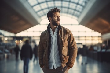 Poster - Portrait of a content man in his 30s sporting a rugged denim jacket against a bustling airport terminal. AI Generation