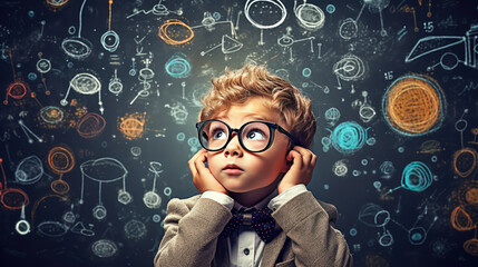 School child in eyeglasses portrait on background of blackboard in classroom, charts on a blackboard. Creative concept of developmental classes, math club, mind training for children. 