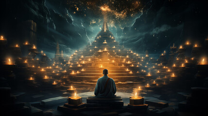 Wall Mural - astral yoga silhouette of human in cosmic space meditate. back view man practicing transcendental sp