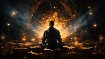 Wall Mural - astral yoga silhouette of human in cosmic space meditate. back view man practicing transcendental sp