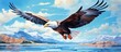 In the breathtaking watercolor illustration the majestic eagle gracefully soars above the tranquil blue ocean its keen eye spotting a school of colorful fish swimming in the crystal clear la