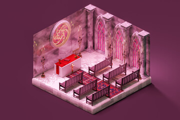 Isometric view of interior of cathedral church prayer hall. 3d isometric render