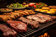 meat on the grill, A spread of diverse cuts of meat on a churrasco grill