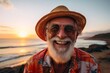 Portrait of a cheerful man in his 80s dressed in a warm ski hat against a stunning sunset beach background. AI Generation