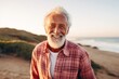 Portrait of a cheerful man in his 80s dressed in a relaxed flannel shirt against a serene dune landscape background. AI Generation