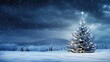 © Oksana Smyshliaeva - Decorated Christmas tree with garland lights in winter night forest fantasy landscape background. Happy New Year, Marry Xmas, Winter Holidays concept. Festive wallpaper for greeting card, flyer.