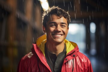 Wall Mural - Portrait of a happy man in his 20s wearing a vibrant raincoat against a lively classroom background. AI Generation
